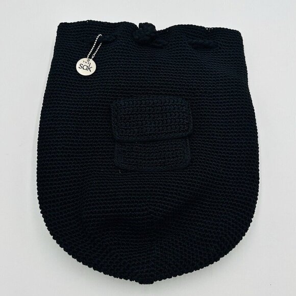 The Sak Black Hobo Crochet Drawstring Backpack Bag Purse Vintage 11" x 14" - Picture 1 of 7
